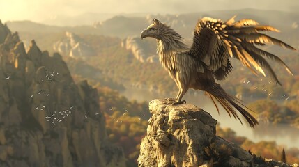 A majestic griffin stands on a cliff overlooking a mountainous landscape.