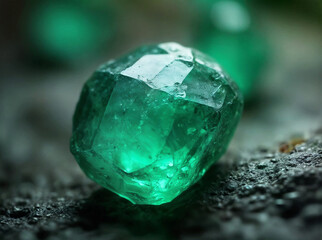 Macro photography of a natural emerald with beautiful imperfections lying on the ground.