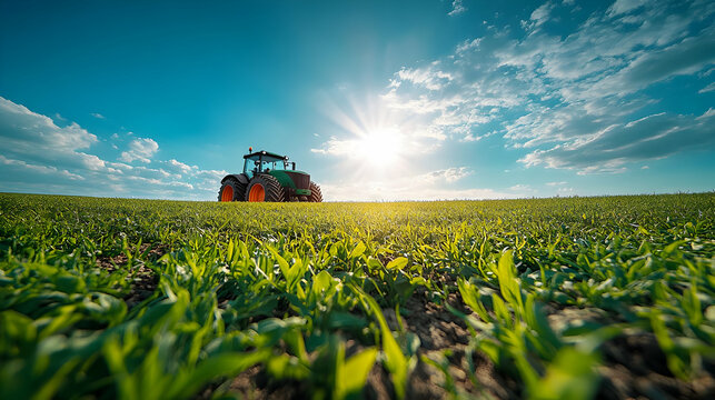 Fototapeta Tractor in a Green Field with a Sunny Sky - Realistic Image