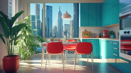 Modern kitchen with city view.