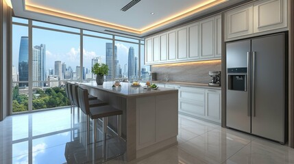 Modern kitchen with city view.
