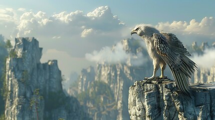 A majestic eagle perched on a mountain peak with a breathtaking view of the clouds and mountains.