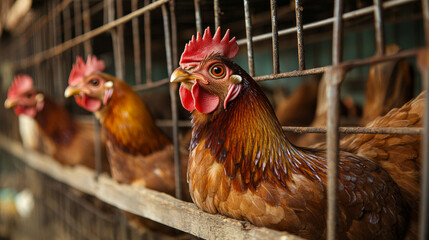 Chickens are kept in cages inside a hen house. They eat from feeders and live on a farm. These cages are often called battery cages and they provide a place for the chickens to lay eggs.