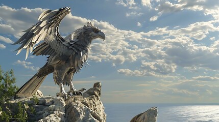 A silver griffin with wings spread stands on a cliff overlooking the sea.