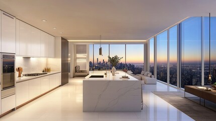 Modern kitchen with island and city view.