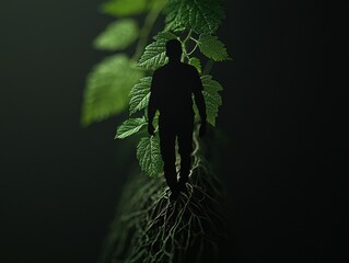 A silhouette of a person stands on a vibrant green branch, symbolizing the connection between humanity and nature.