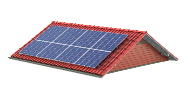 Model house with solar panels on a transparent background