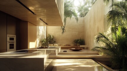 Fototapeta premium Modern kitchen with large windows overlooking a lush courtyard with plants and sunlight.