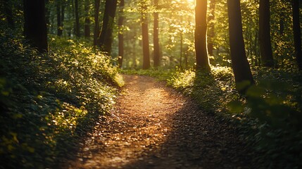 Obraz premium A serene forest path illuminated by golden sunlight, inviting nature lovers to explore the beauty of the outdoors.
