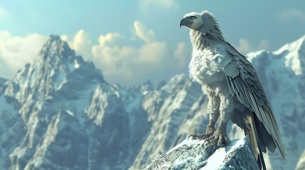 A majestic white eagle perched on a mountain peak.