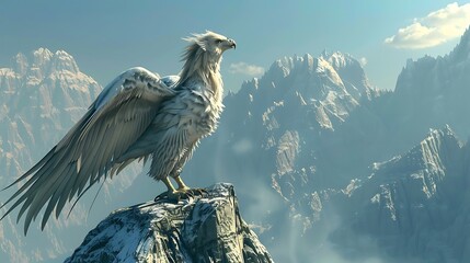 A majestic white griffin stands on a rocky mountain peak, overlooking a vast, misty valley.