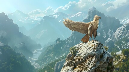 A large bird of prey stands on a cliff overlooking a valley with snow-capped mountains in the background.