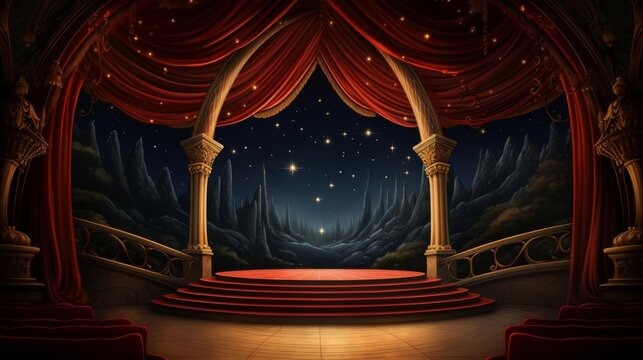 A theatrical stage set for a play, curtains and props ready for the performance in this dramatic background illustration