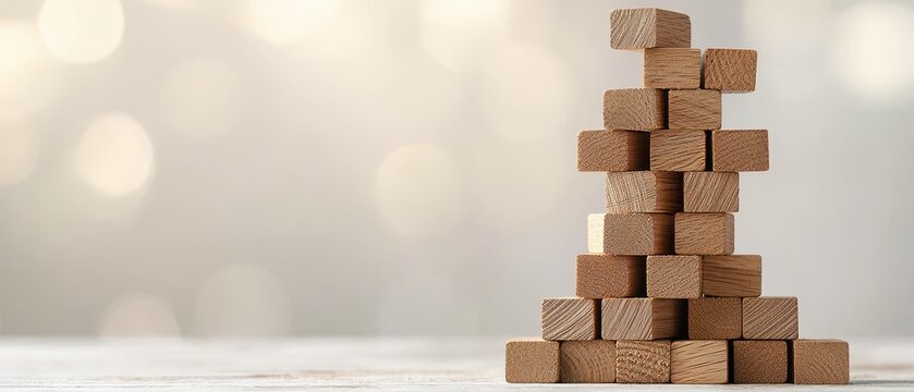 A stack of wooden blocks arranged in a tower formation against a soft, blurred background, highlighting texture and simplicity.