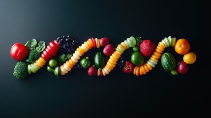GMO food concept with colorful fruits and vegetables arranged as a DNA strand, symbolizing genetic engineering and modified crops.