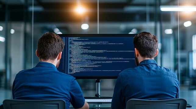 Software engineer conducting a code review session with a colleague in a glass-walled meeting room