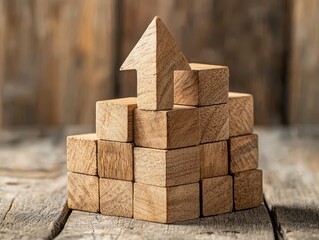 A wooden block structure shaped like an upward arrow, symbolizing growth and progress, set against a rustic, wooden background.