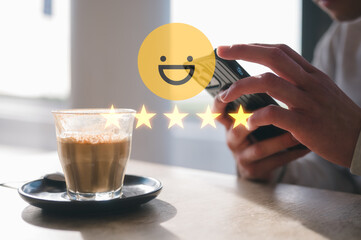 Customer service experience and satisfaction survey concept Close up of man customer sitting in...