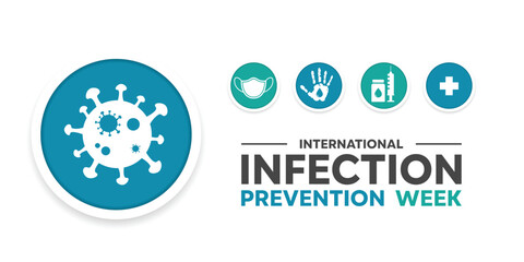 International Infection Prevention Week. Virus, mask, hand, syringe and plus icon. Great for cards, banners, posters, social media and more. White background.