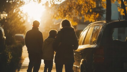 Parents loading kids into the car, morning commute routine.