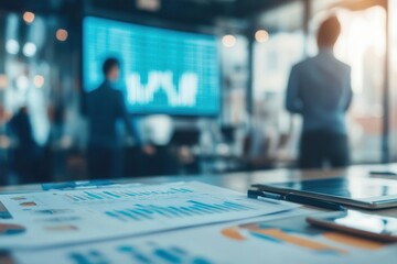 Leadership planning with business analytics, detailed graph in the background.