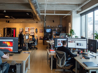 A creative agency's design studio with an open-concept layout, featuring modern workspaces and collaborative areas.