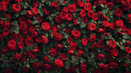 Top view of fresh red roses scattered beautifully in the background.