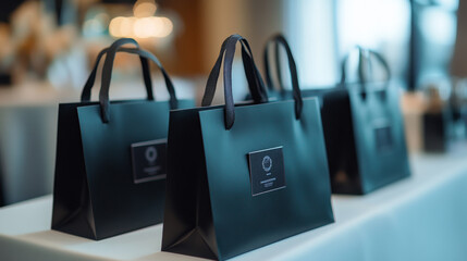 Corporate gifts and souvenirs for employees, presented in gift bags at a conference. 