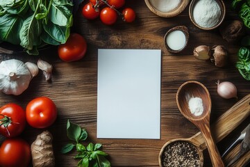 Blank recipe card on a kitchen counter, fresh ingredients around