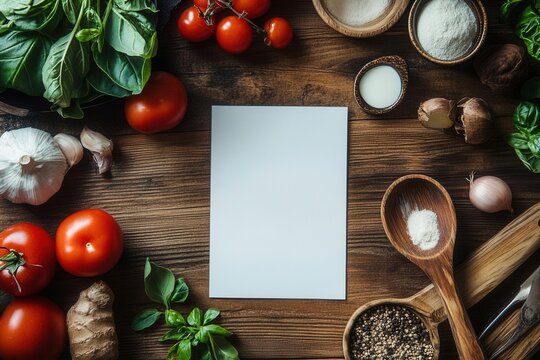 Blank recipe card on a kitchen counter, fresh ingredients around - Powered by Adobe