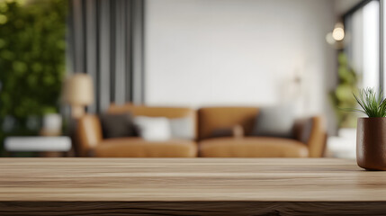 Wood table top on blur living room have leather sofa and decoration minimal.