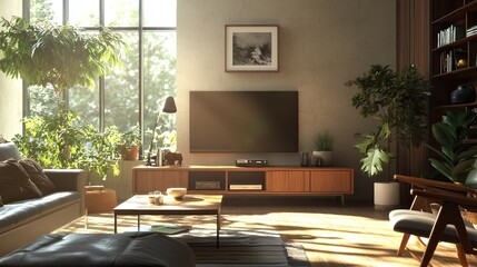 Fototapeta premium Modern living room interior design with large windows, wooden furniture, plants and a TV.
