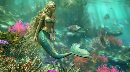 A beautiful mermaid with long blonde hair swims through a vibrant coral reef.