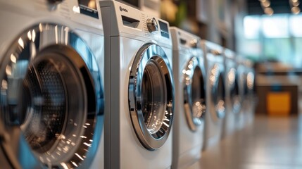Efficient and Stylish Modern Washing Machines in Well-Lit Appliance Showroom
