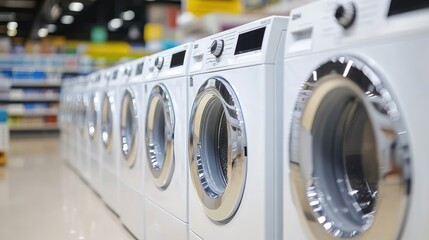 Efficient and Stylish Modern Washing Machines in Well-Lit Appliance Showroom