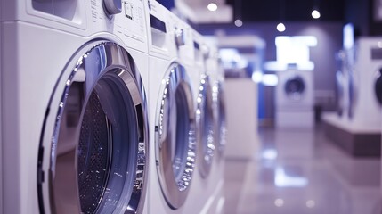 Fototapeta premium Efficient and Stylish Modern Washing Machines in Well-Lit Appliance Showroom