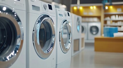 Efficient and Stylish Modern Washing Machines in Well-Lit Appliance Showroom