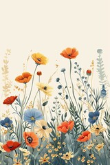 Detailed drawing of a variety of wildflowers and greenery