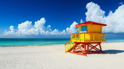 Fototapeta premium Lifeguard tower on a sunny day at Miami Beach, South Beach, Florida. 