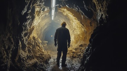 Obraz premium Geologist Working Underground in a Mining Tunnel