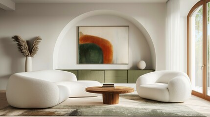 Modern living room interior with cozy sofa, home interior with furniture and coffee table