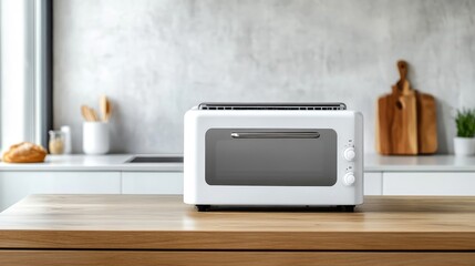 White Toaster Oven on Wooden Table, Minimalist Kitchen with White Cement Wall, Ideal for Breakfast Toast