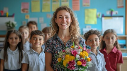 Fototapeta premium Happy school time. Portrait of first grade students with their female class teacher on first day of school. Woman with bouquet of flowers stands in classroom behind her young students