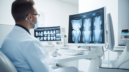 Digital X-ray machine in use of dental clinic with screens showing clear, modern imaging to demonstrate technological advancements