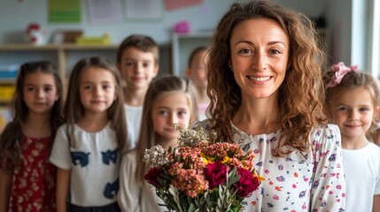 Happy school time. Portrait of first grade students with their female class teacher on first day of school. Woman with bouquet of flowers stands in classroom behind her young students