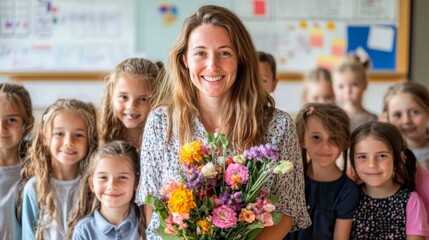 Fototapeta premium Happy school time. Portrait of first grade students with their female class teacher on first day of school. Woman with bouquet of flowers stands in classroom behind her young students