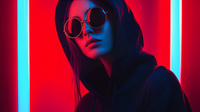Portrait of a young fashion girl in a black hoodie and round sunglasses, illuminated by red and blue neon lights.  - Powered by Adobe