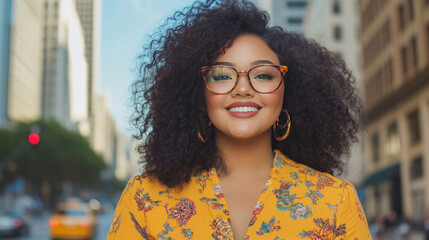 A plump woman confidently struts down the street in a stylish outfit, embracing her fashionable side.