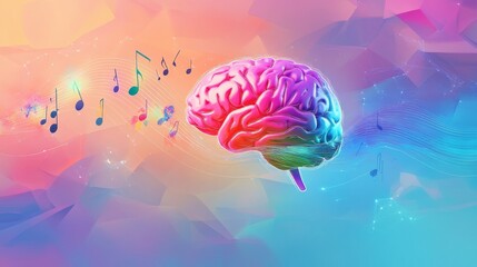 Obraz premium Human brain with vibrant melody wave and music notes, self care and mental health concept, positive thinking, creative mind. with copy space