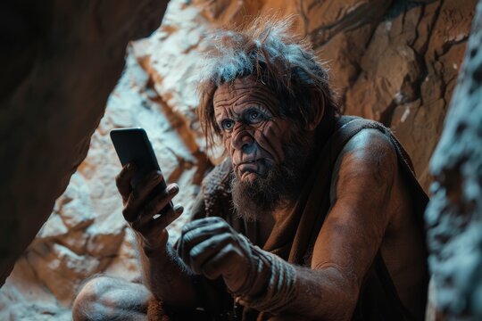 Ancient Man Takes a Selfie, Modern Technology in Cavemen Hands, Wild Man with Smartphone